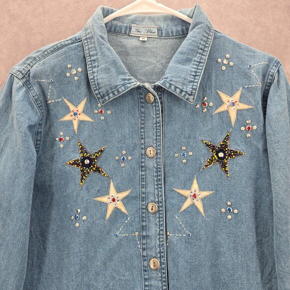The Blue Stars Studded Rhinestone Button Up VTG Y2K Cotton Shirt Top Medium M - Picture 3 of 7